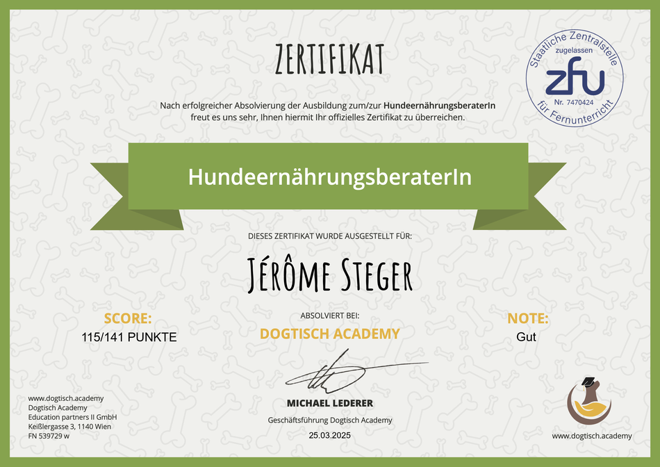 Zertifikat zum Hundeernährungsberater von Jérôme Steger, Dogcoach Schaffhausen