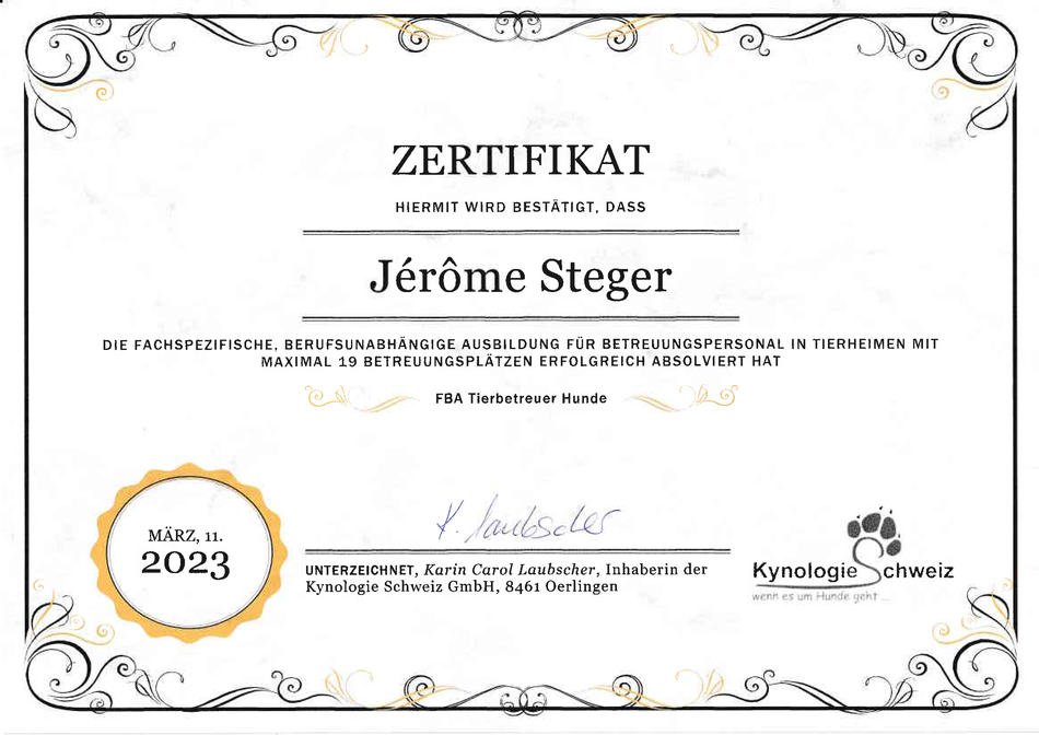 Zertifikat zum Fachausweis Tierbetreuung (FBA) von Jérôme Steger