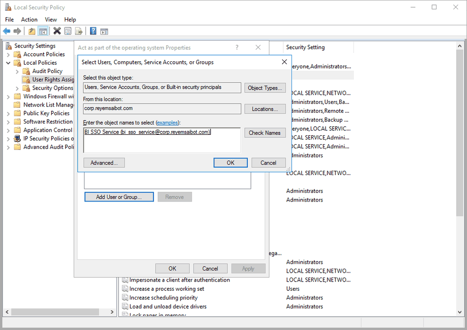 Local Security Policy add service user