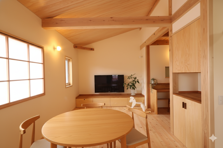 木材と漆喰を豊かに使用した、和モダンの居間