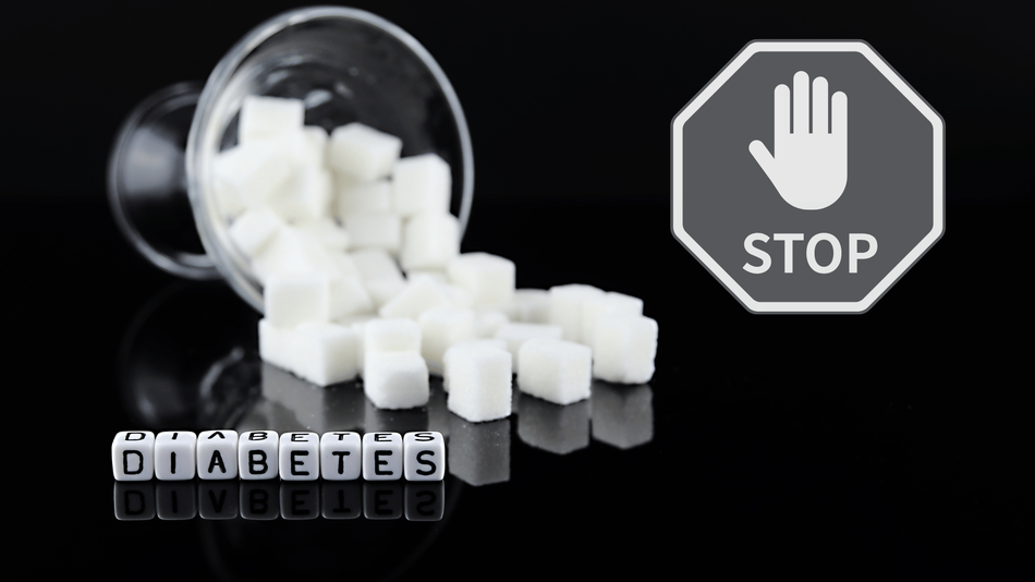 Zuckerwürfel, Stopschild, kleine Würfel die das Wort Diabetes bilden
