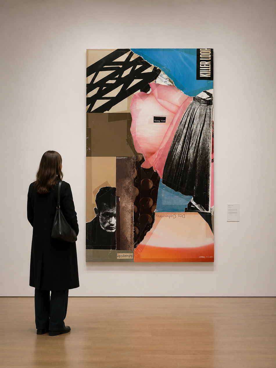 handgefertigte Collage mit surrealen Elementen als großformatiger Druck von Uta Nitschke in Ausstellung