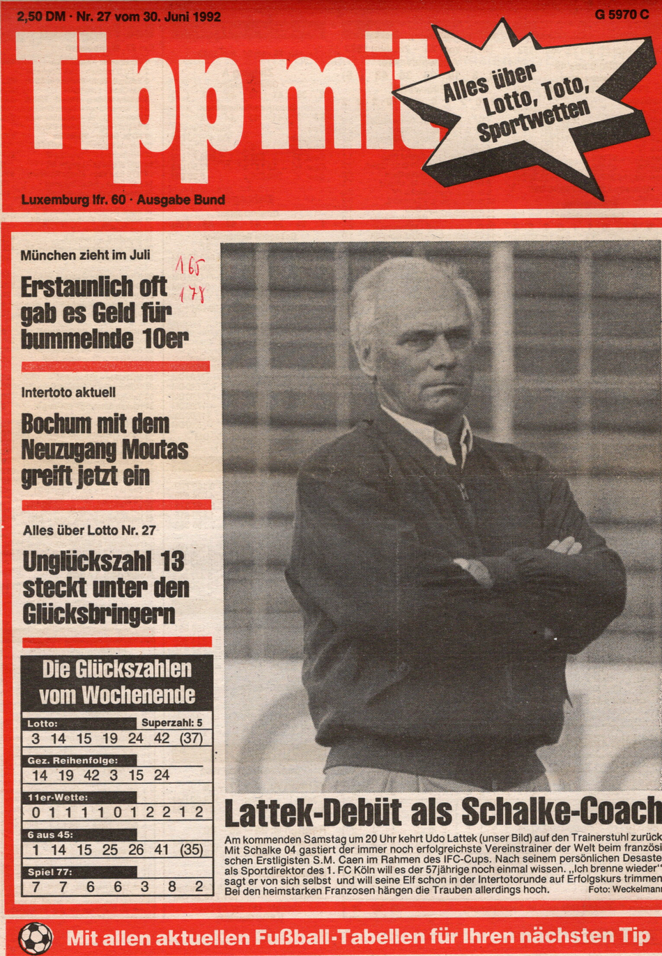 Titelbild der "Tipp mit" Ausgabe 27/1992 mit dem Trainerdebüt von Udo Lattek als Schalke-Coach