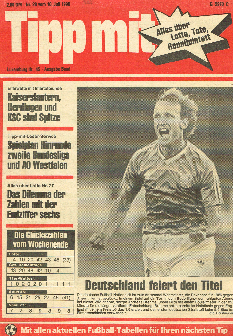 Titelbild der "Tipp mit"-Ausgabe 28/1990 mit dem jubelnden Andy Brehme nach seinem verwandelten Elfmeter