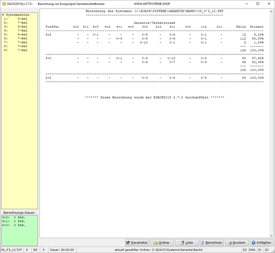 Garantieberechnung für Eurojackpot mit der Auflistung der Gewinnfälle des Systems 09_3`3_12 