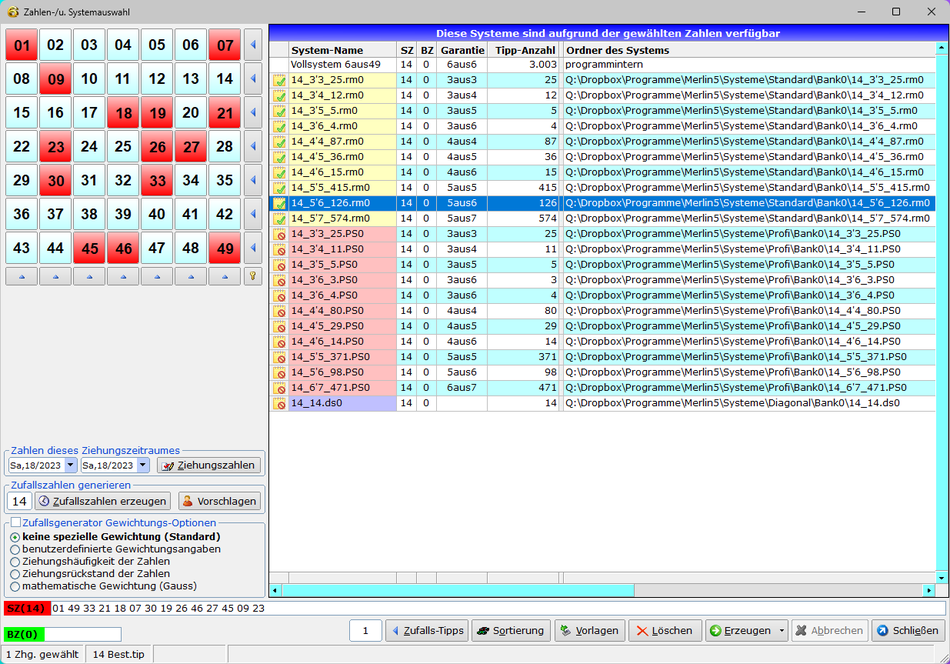 Zahlen- und Systemauswahl von Merlin - the lottowizard - alle verfügbaren Systeme für 14 Zahlen sind aufgelistet