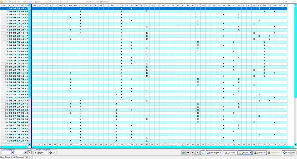 System-Editor zum Erfassen von Systemtippreihen per Zahleneingabe oder durch Kreuzchen in einer großen Tabelle für alle 50 Zahlen 