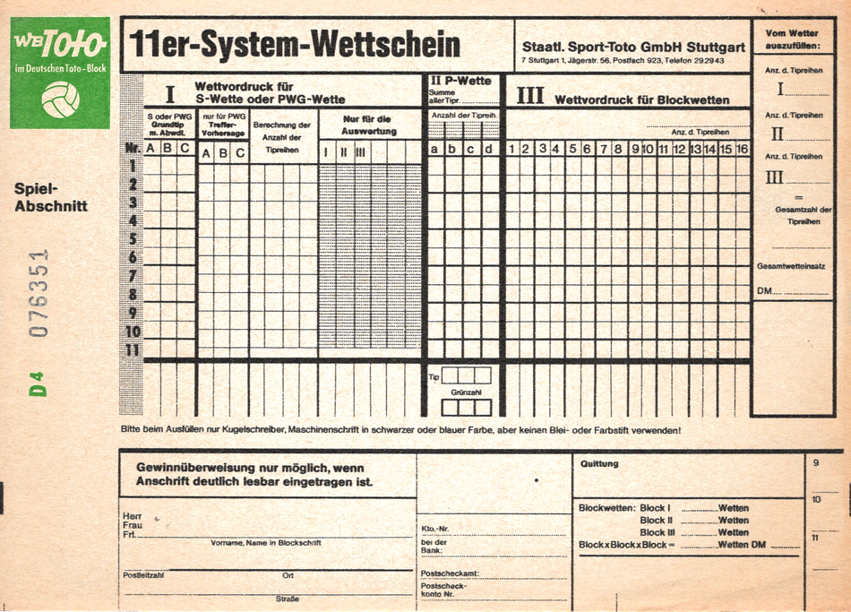 Historischer Systemwettschein von 1969 bis 1974 gültig
