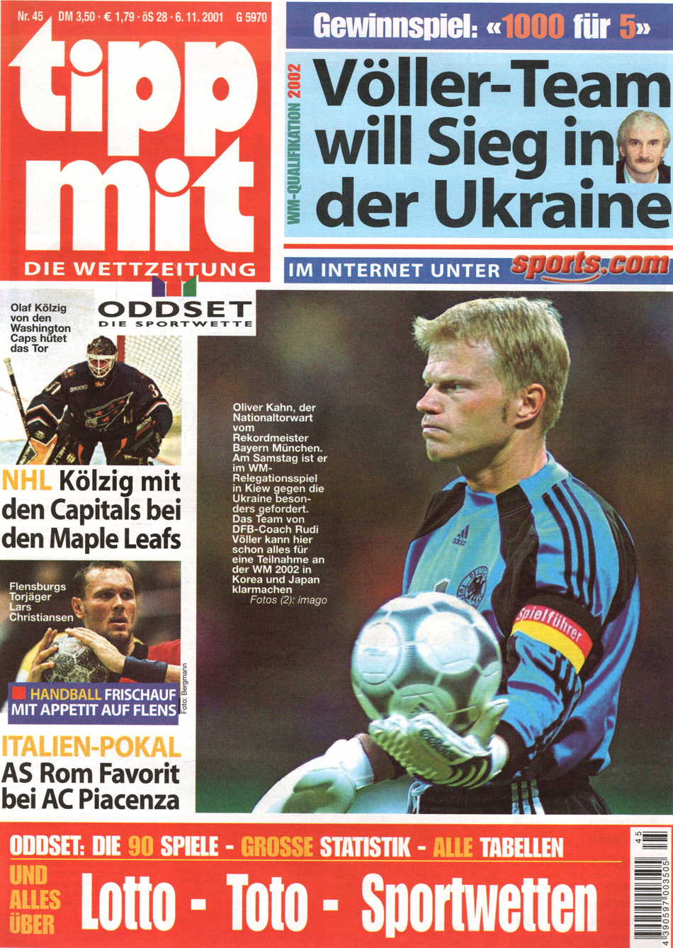 Titelbild der "tipp mit"-Ausgabe 45/2001 zum WM-Qualifikationsspiel gegen die Ukraine mit Spielführer Oliver Kahn