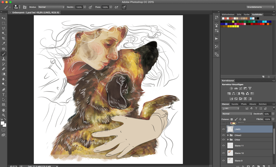 8. Jetzt fange ich mit meiner Haut an. Die Hunde-Ebenen packe ich in Gruppen, damit es übersichtlich bleibt. Illustratorin