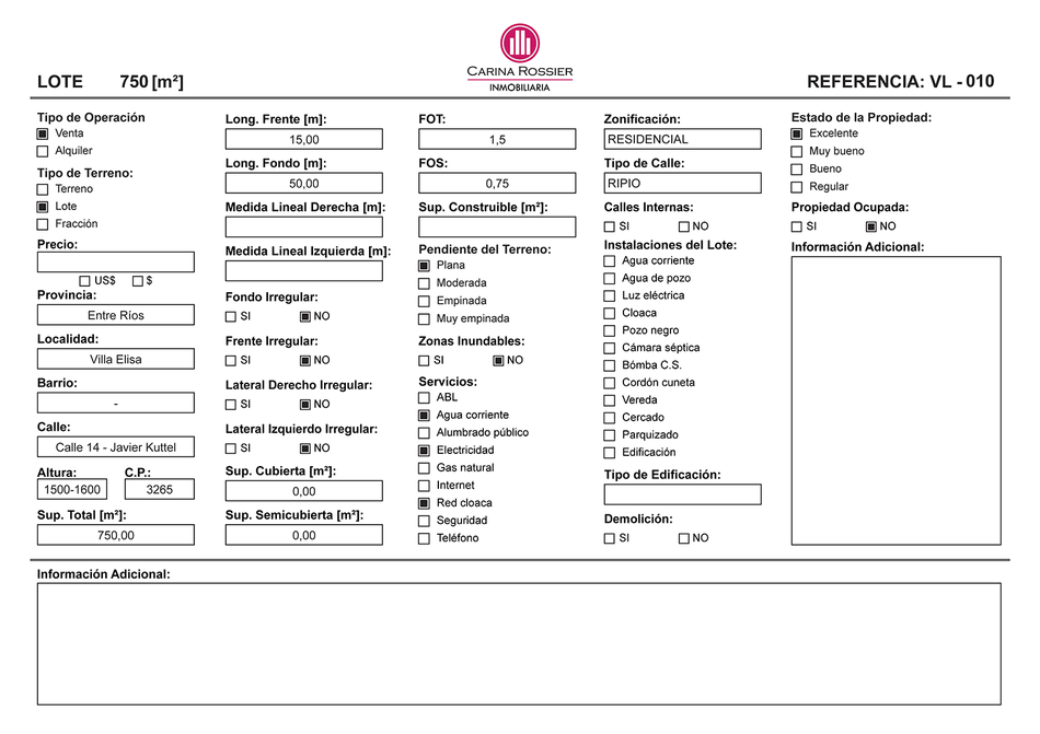 Carina Rossier Inmobiliaria vende lote en Villa Elisa Entre Ríos.
