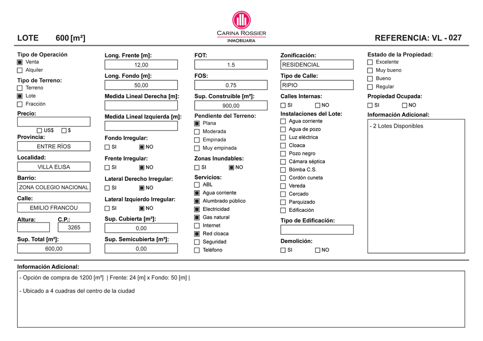 Carina Rossier Inmobiliaria vende lote en Villa Elisa Entre Ríos; Termas Villa Elisa; Lote en Termas Villa Elisa; Club de Campo de Termas Villa Elisa; Lote en venta en Termas Villa Elisa;