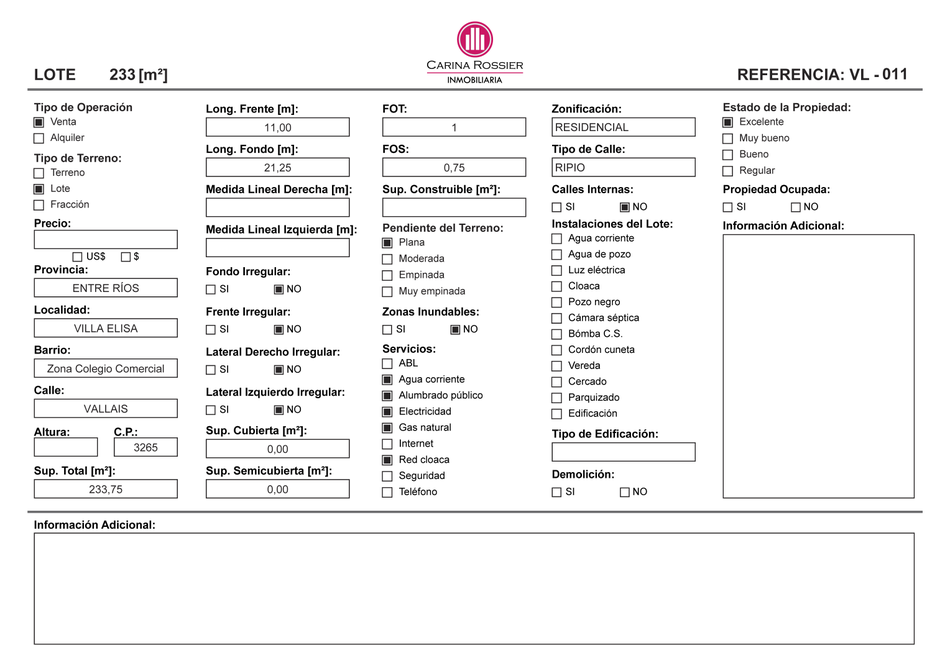 Carina Rossier Inmobiliaria vende lote en Villa Elisa Entre Ríos.