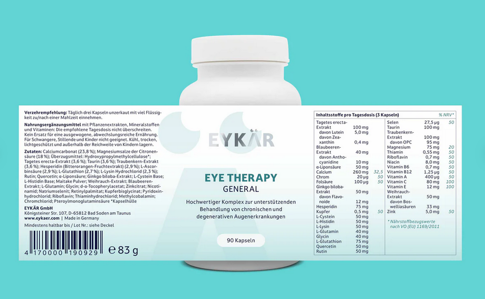 EYKÄR EYE THERAPY GENERAL. Hochwertiger Komplex zur unterstützenden Behandlung von chronischen und degenerativen Augenerkrankungen wie Makuladegeneration und Glaukom.