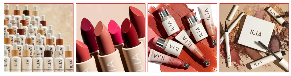 Verschiedene Lippenstifte, Lidschatten und weitere Make-up Produkte in rotbraunen Farbtönen von der Marke Ilia.