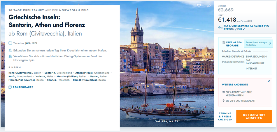 Kreuzfahrt Griechische Inseln mit NCL Norwegian Cruise ab Venedig bis Athen mit Santorin, Mykonos, Kroatien 2025-2026