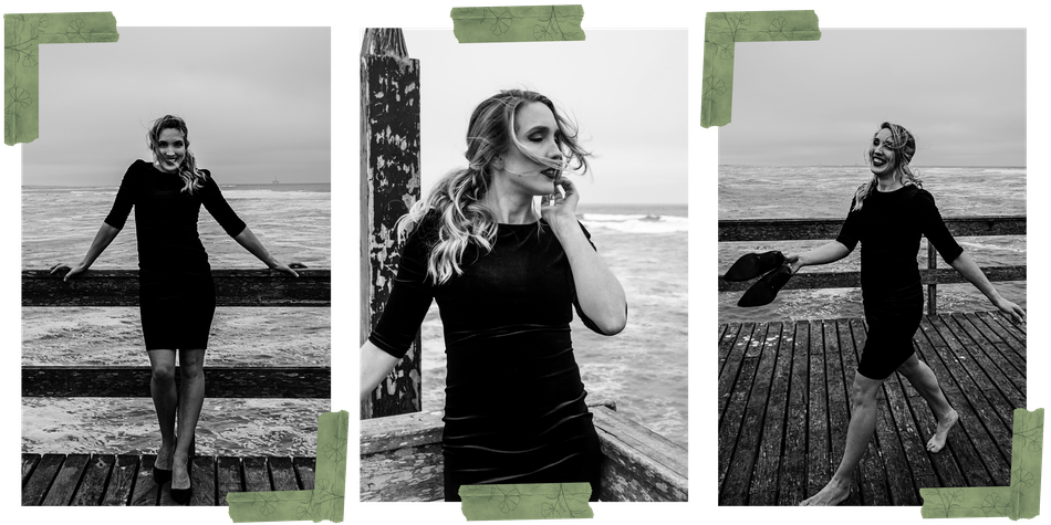 Drei verschiedene Bilder in schwarz-weiß von Jana Marie Backhaus-Tors Sprecherin und Schauspielerin in einem schwarzen kurzen Samtkleid auf der Jetty in Swakopmund am Meer.