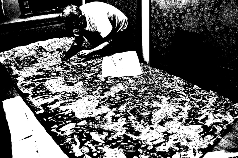 © Hiro Ýima Symbolforschung | (Atelier): Hiro Ýima beim Malen eines Tuschebildes auf Papier (Mandibel) in seinem Atelier. Alle Rechte vorbehalten.