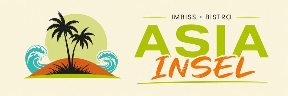 ASIA INSEL Logo mit tropischer Insel, Palmen und Wellen in Grün-, Orange- und Türkistönen – asiatisches Imbiss-Bistro in Völklingen-Luisenthal