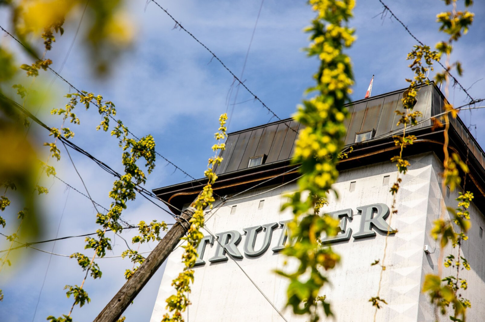 Blick auf ein Gebäude mit der Aufschrift „TRUMER“, umgeben von kletternden Hopfenpflanzen unter blauem Himmel.