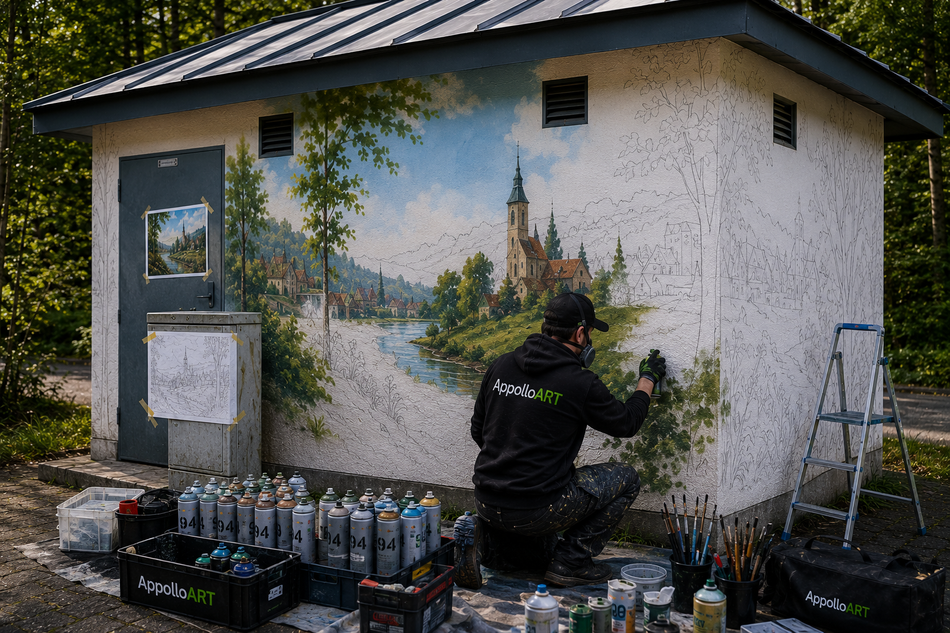 Versiegelung einer Fassadengestaltung mit Graffitischutz durch AppolloART