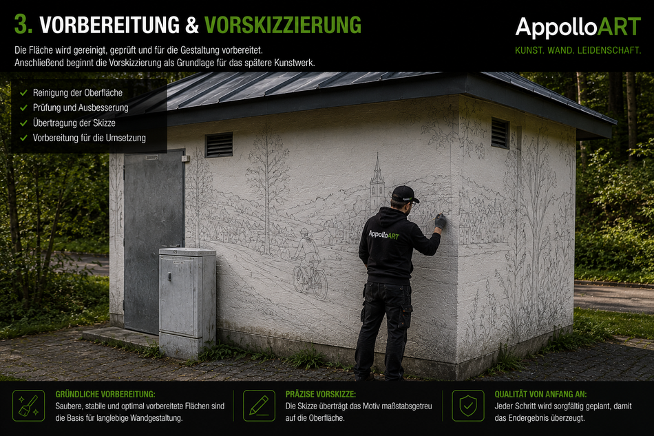 Vorskizzierung einer Fassadengestaltung auf einem Pumphäuschen durch AppolloART