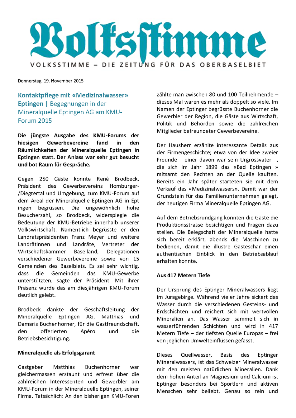 Artikel in der Volksstimme über Mineralquelle Eptingen AG