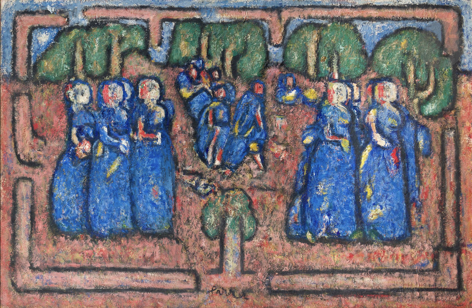 Ginés PARRA (1896-1960) Bretagne, Femmes dans un paysage, Huile sur toile. Signée en pied. (Manque et restaurations). 97 x 150 cm  Exposition : Salon des Indépendants, Paris, 19 avril - 13 mai 1958, n° 2810 (étiquette au dos sur le châssis), galerie agnes