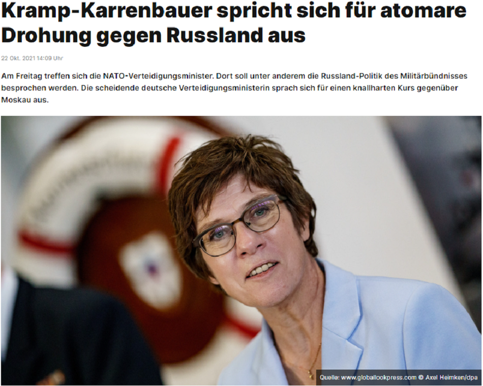 22.10.2021 - RT DE: Kramp-Karrenbauer spricht sich für atomare Drohung gegen Russland aus