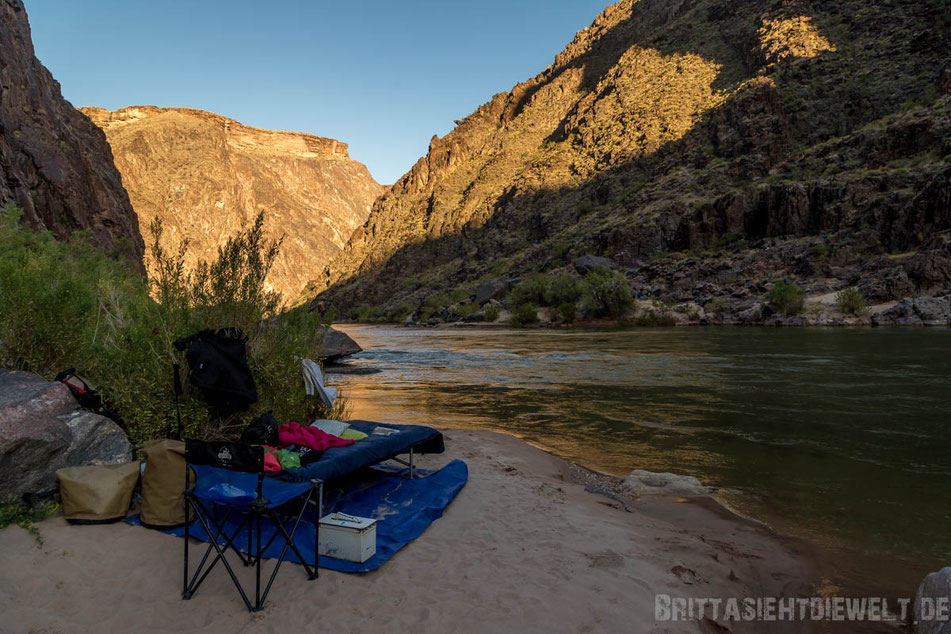 camp, trinity, creek, übernachtung, bett, grand, canyon, rafting, gcex, expeditions, colorado, river, schlauchboot, trip