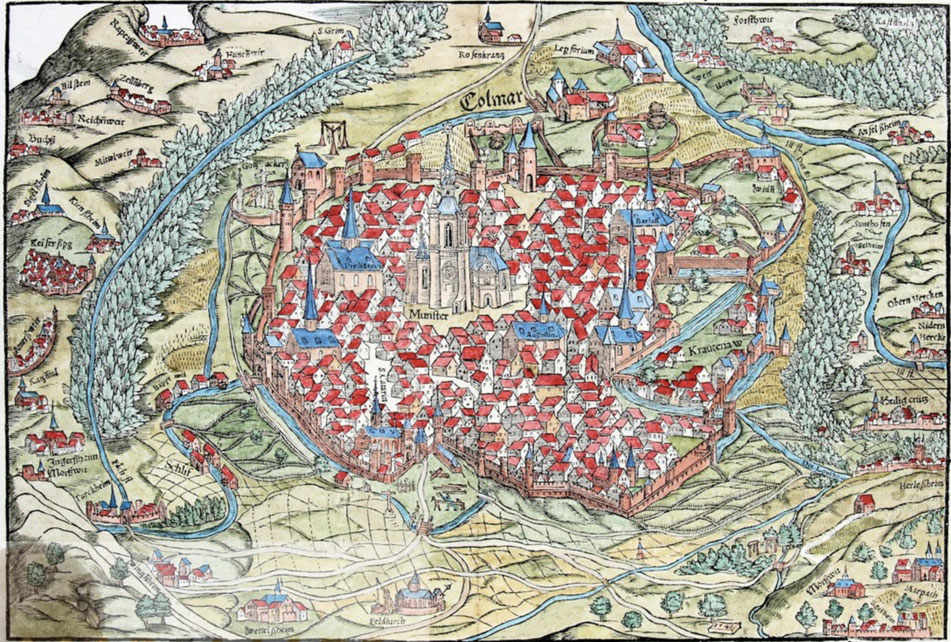 Vue générale de Colmar, publiée en 1552 d'après la Cosmographie de Sebastian Münster,