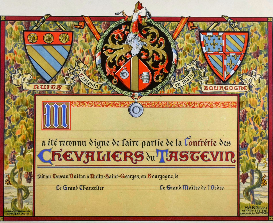 Jean-Jacques Waltz dit Hansi est à l'origine de la mise en images de la Confrérie des Chevaliers du Tastevin , Nuits-Saint-Georges, 1935