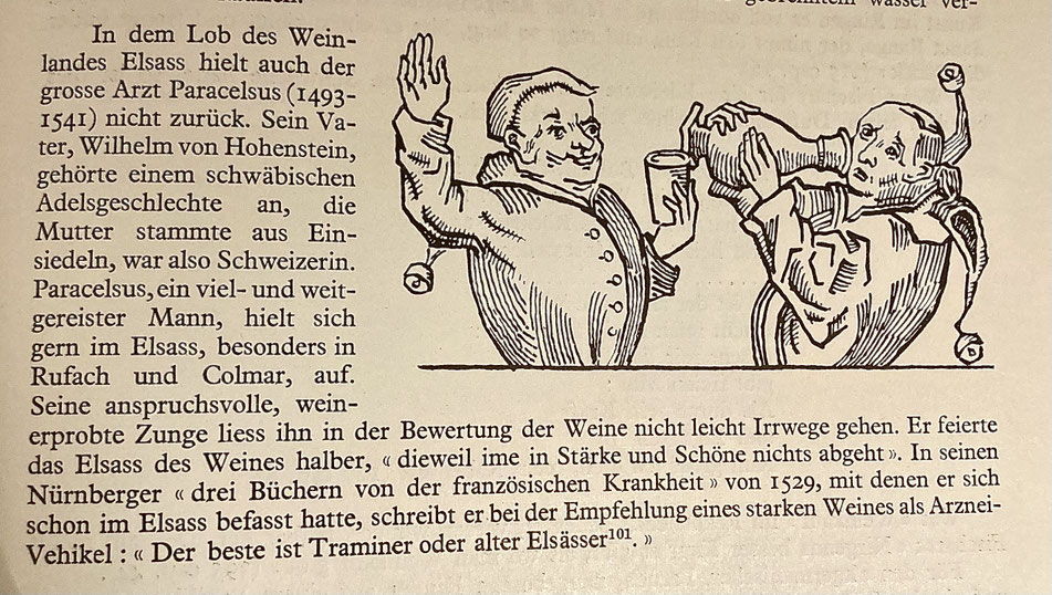 En 1529, le célèbre médecin Paracelse recommande un vin fort comme véhicule médicinal : " le meilleur est le Traminer ou vieil Alsacien" dans Médard Barth, Der Rebbau des Elsass, page 271