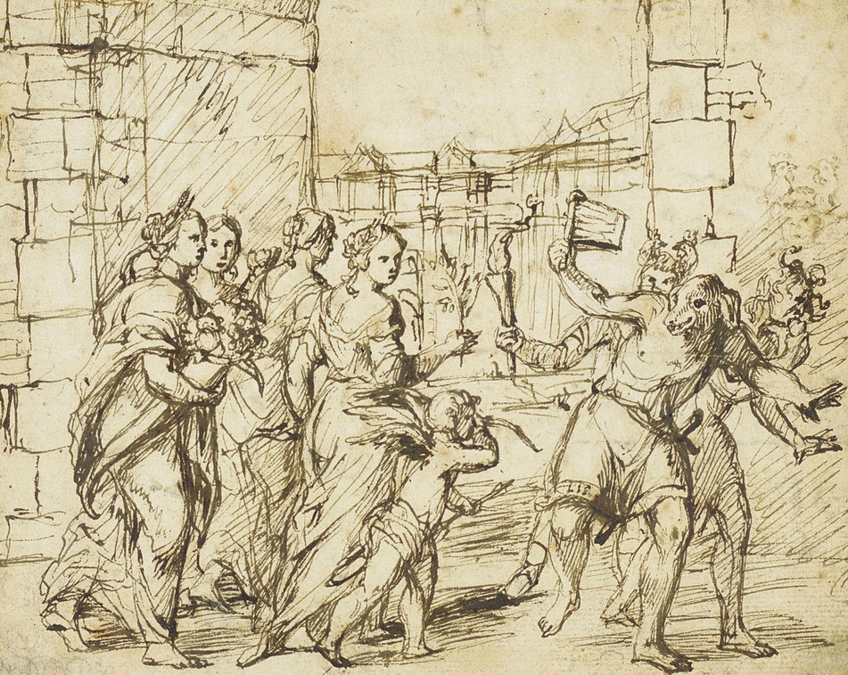 Le Festival lupercalien à Rome (vers 1578–1610), dessin du cercle d'Adam Elsheimer, montrant les Luperci déguisés en chiens et chèvres, avec Cupidon et des personnifications de la fertilité