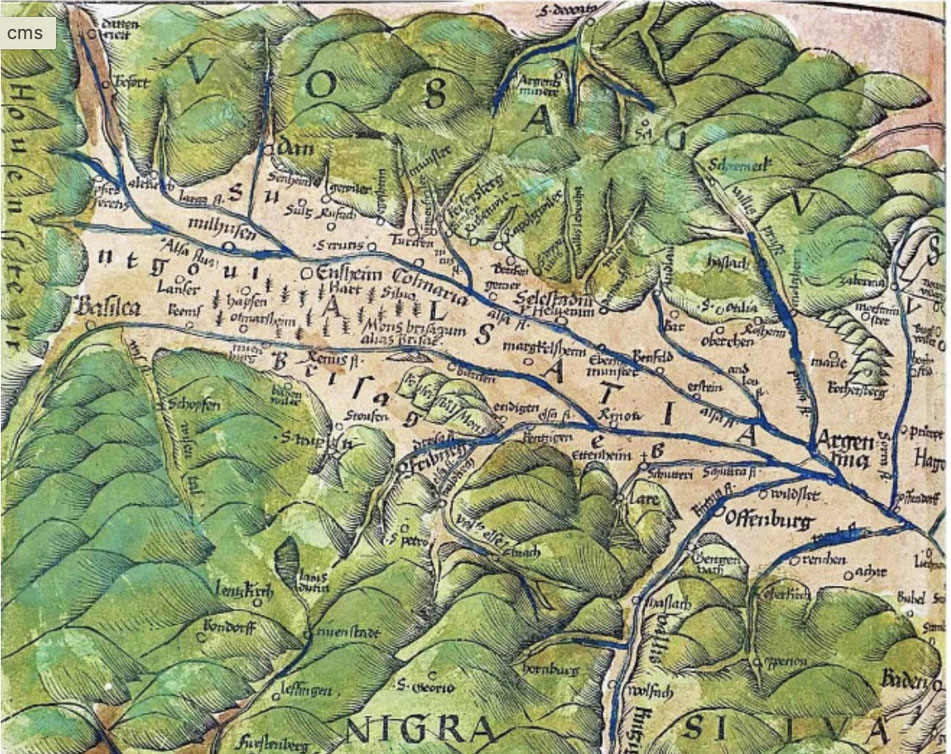 Détail de la première carte imprimée du Rhin supérieur, "Tabula Nova Particularis Provincie Rheni Superioris" dessinée par Martin Waldseemüller extraite de la « Cosmographie » de Ptolémée, éditée par Jean Schott à Strasbourg, en 1520