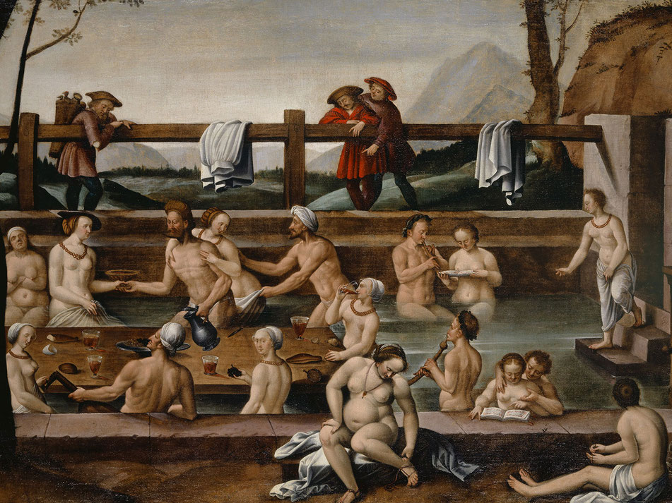 Hans Bock le Vieux (vers 1550-1624), Les bains de Loèche, 1597, Kunstmuseum Basel - l'artiste originaire d’Alsace (Saverne) devint maître dans la corporation bâloise Kleinmann à partir de 1572