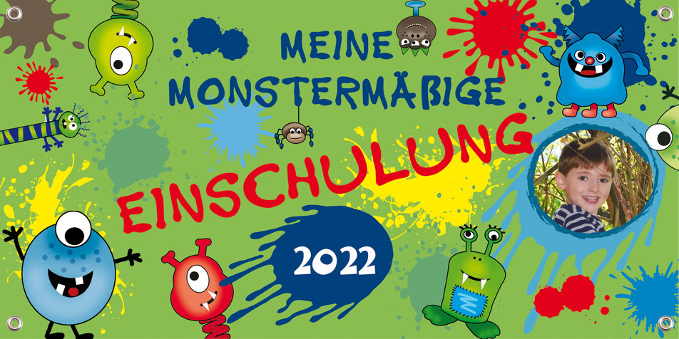 Grünes Banner zum Schulanfang - lustige bunte Monster und Farbkleckse - mit Foto und Text personalisierbar