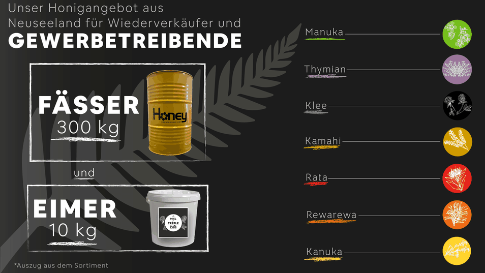 Neuseeländischer Honig in Fässern und Eimern aus Puri, Neuseeland, an Wiederverkäufer