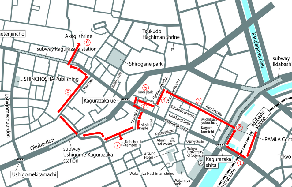 牛込と神楽坂の歴史を知るコース地図