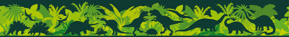 nachhaltige Vliestapete für Kinder mit Dino Silhouetten dunkelgrün auf hellgrünen Dschungelpflanzen - Restposten - Sale