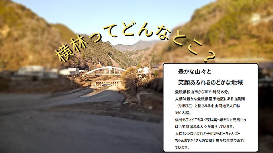 豊かな山々と笑顔溢れるのどかな地域　愛媛県松山市から車で1時間１５分。人情味豊かな愛媛県南予地区にある山美湖（やまびこ）と称される中山間地で人口は350人程。信号もコンビニもなく夜は真っ暗だけど元気いっぱい笑顔溢れる人々が暮らしています。