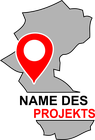 Logo, Verktorgrafik, Umriss von Bottrop, großer Ortsmarker, Schriftzug teilt Logo in zwei Hälften, Farben grau, weiß rot, Schriftzug: Name des Projekts