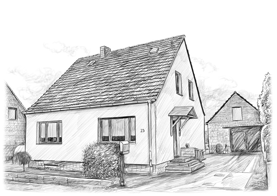 Haus zeichnen lassen, Bleistiftzeichnung Portrait vom Foto zeichnen