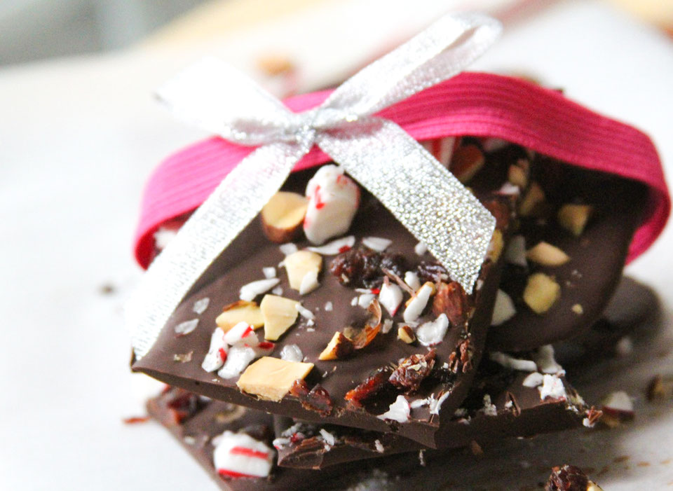 Dark Chocolate Peppermint Bark with Almonds and Cherries Homemade