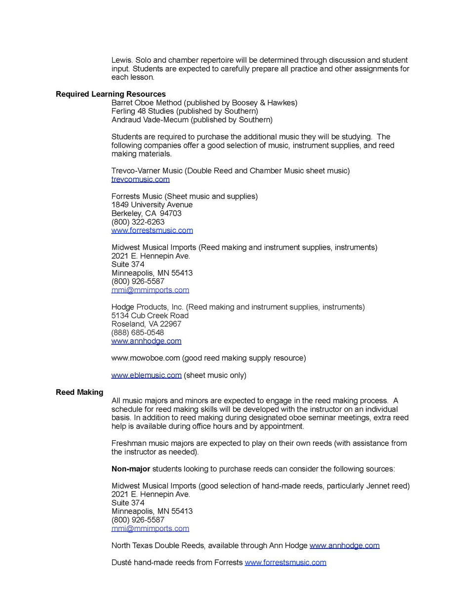 Oboe Studio Syllabus Nora Lewis, Oboist