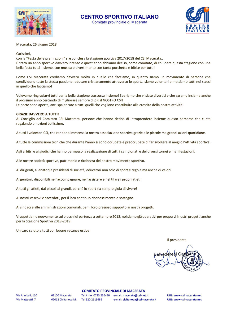Lettera ringraziamento as 2017-2018 - Centro Sportivo Italiano ...