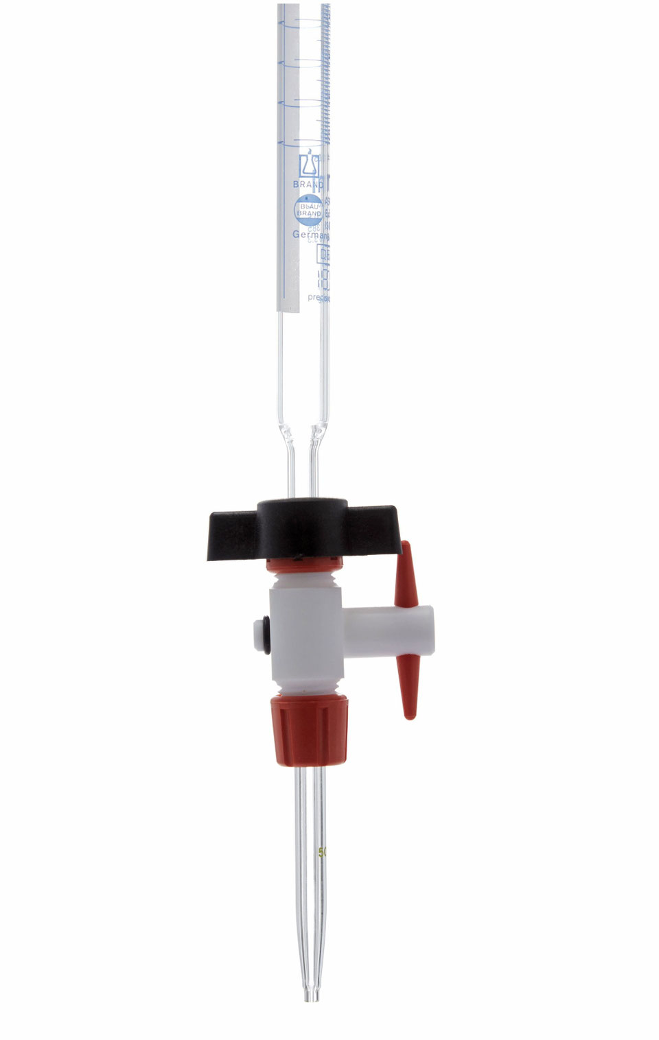 Bureta recta clase AS con llave de PTFE con franja Schellbach 13913