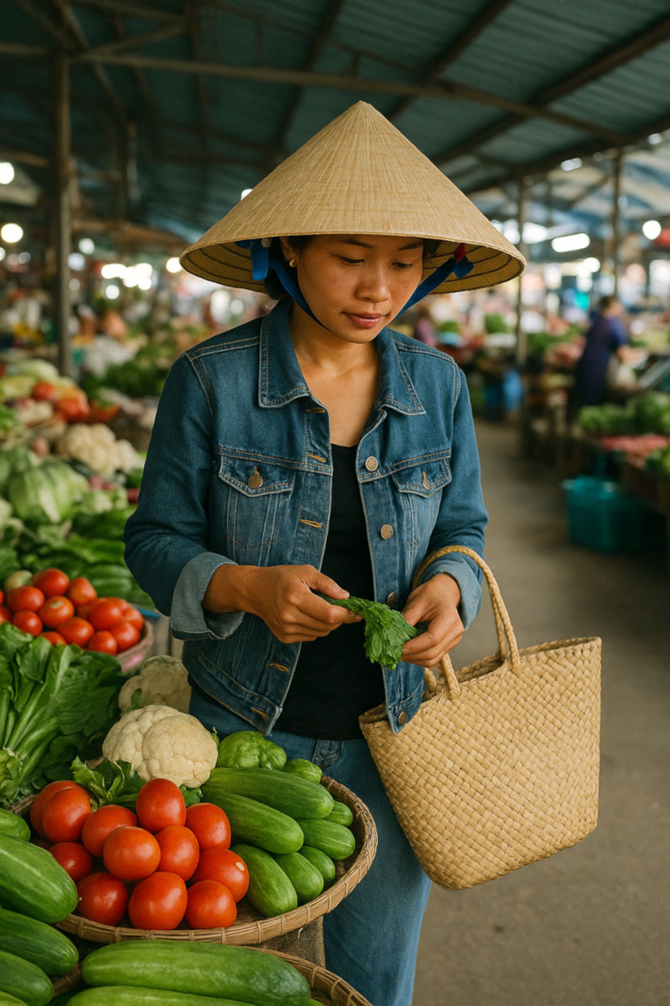 Frau kauft auf einem vietnamesischen Markt ein