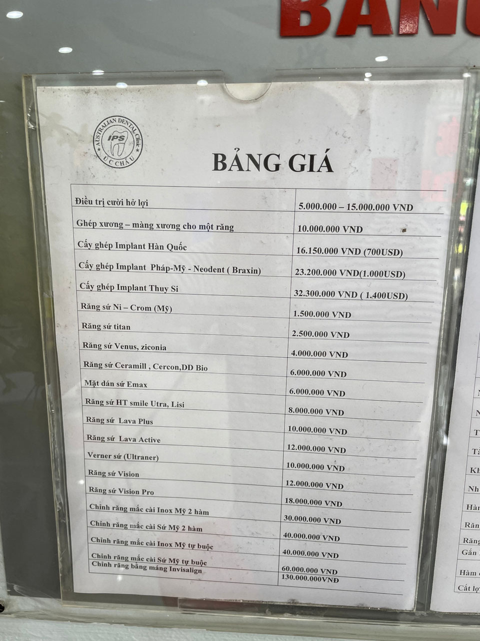 Preisliste Zahnarztpraxis Hanoi