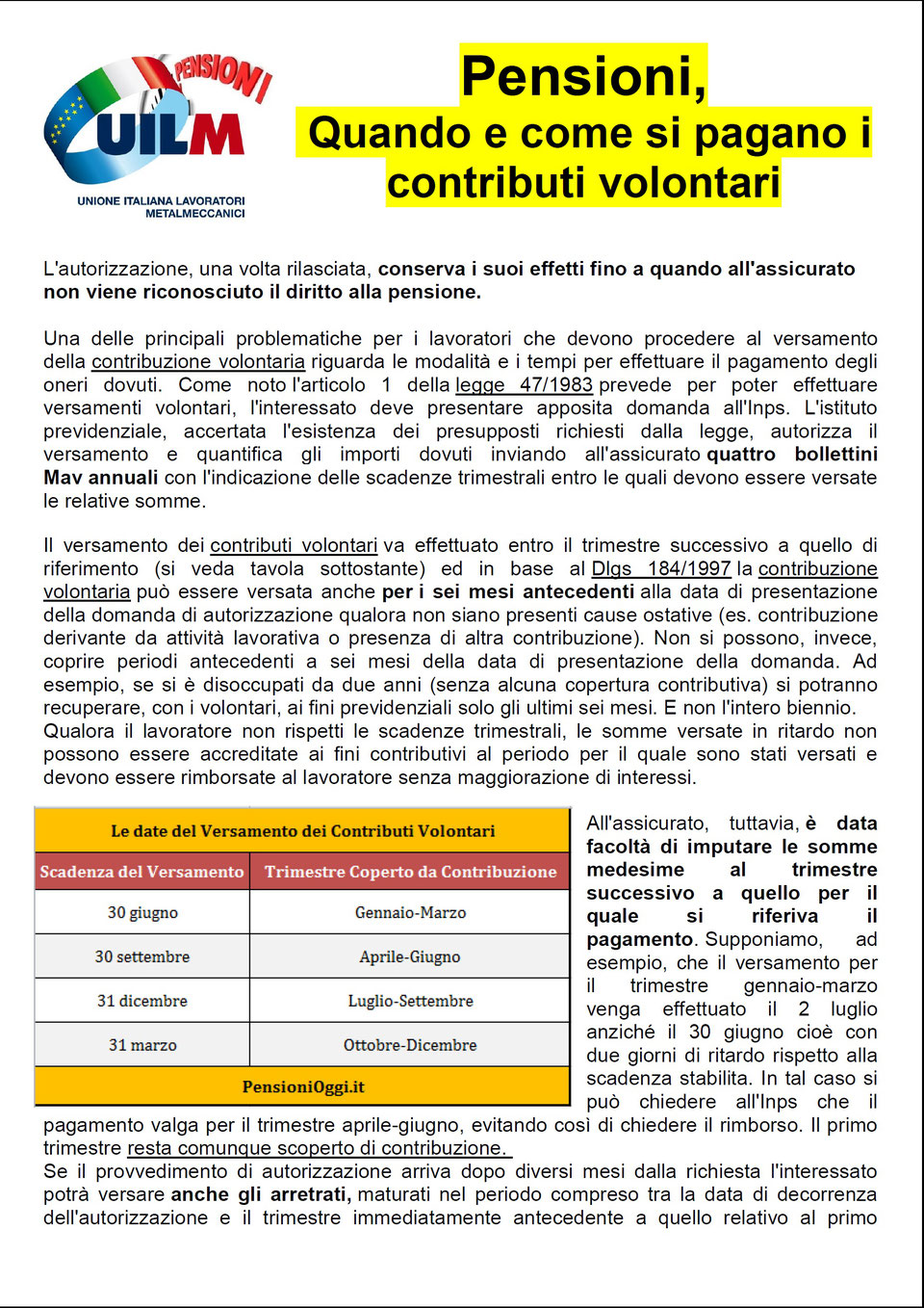 CRITERI PER IL VERSAMENTO CONTRIBUTI VOLONTARI PER LA PENSIONE ...